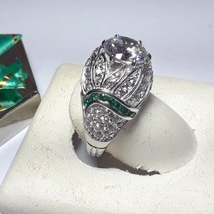 4.50cttw Solitaire & accent CZs w/Lab Emeralds Sterling Silver Dome Ring #16193